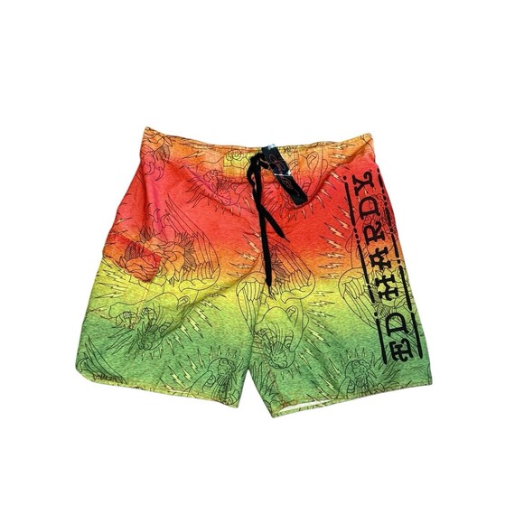 NWT ED HARDY Men's Swim Trunk LIGHTNING TIGER BOARD SHORTS Orange Green Size XL - Picture 1 of 2